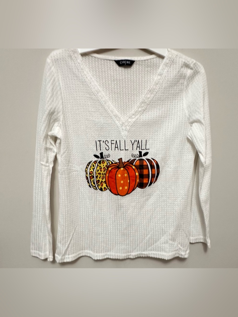 ChicMe “It's Fall Y'all” Pumpkin Waffle Knit Thermal Top White V-Neck Size S
